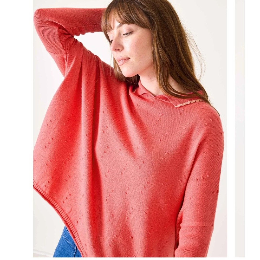 MERSEA Catalina Cotton Polo Sweater Coral Peach Pink Scalloped Collar OS